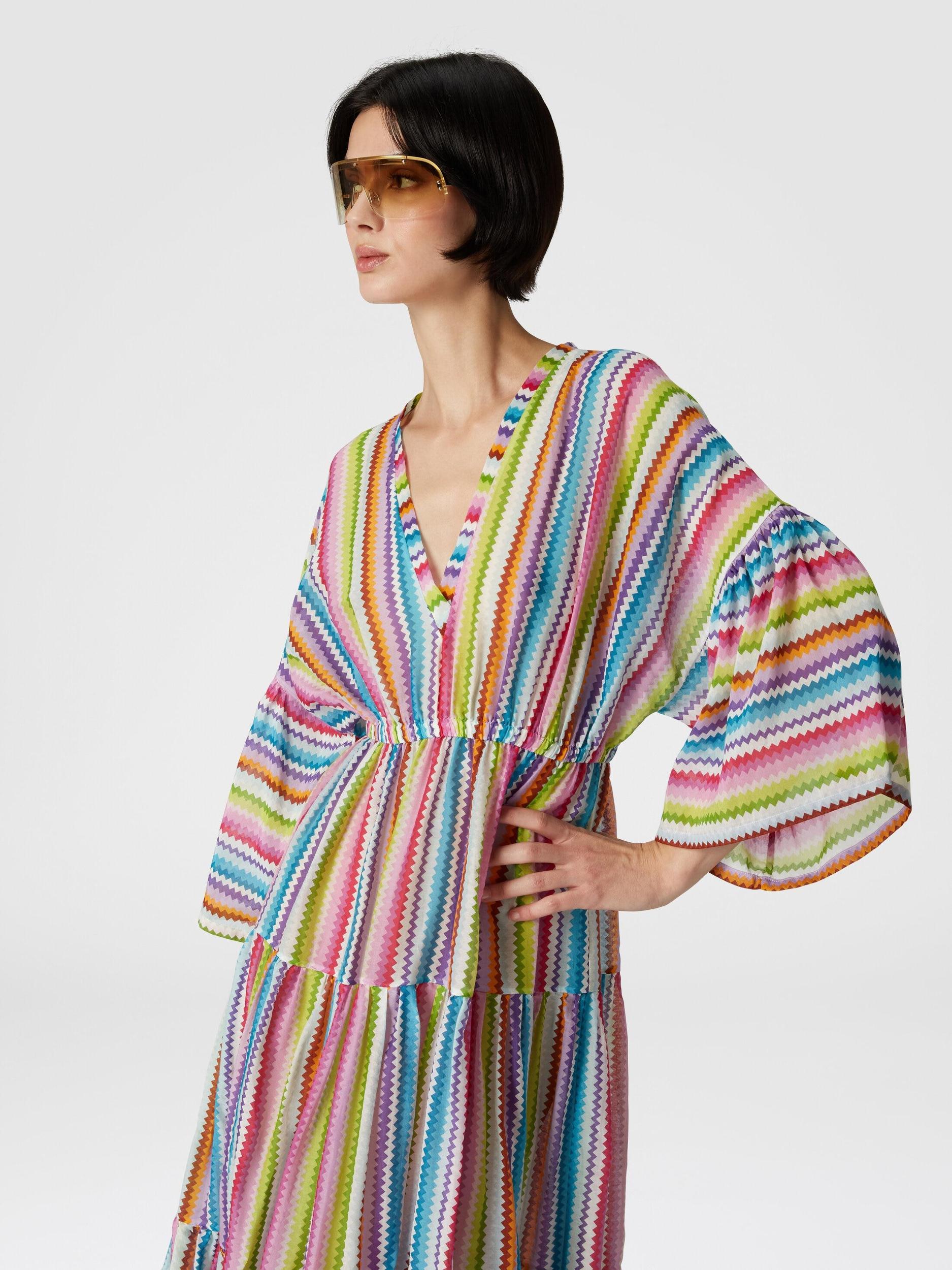 Long cover-up dress with flounces and zig zag print Product Image