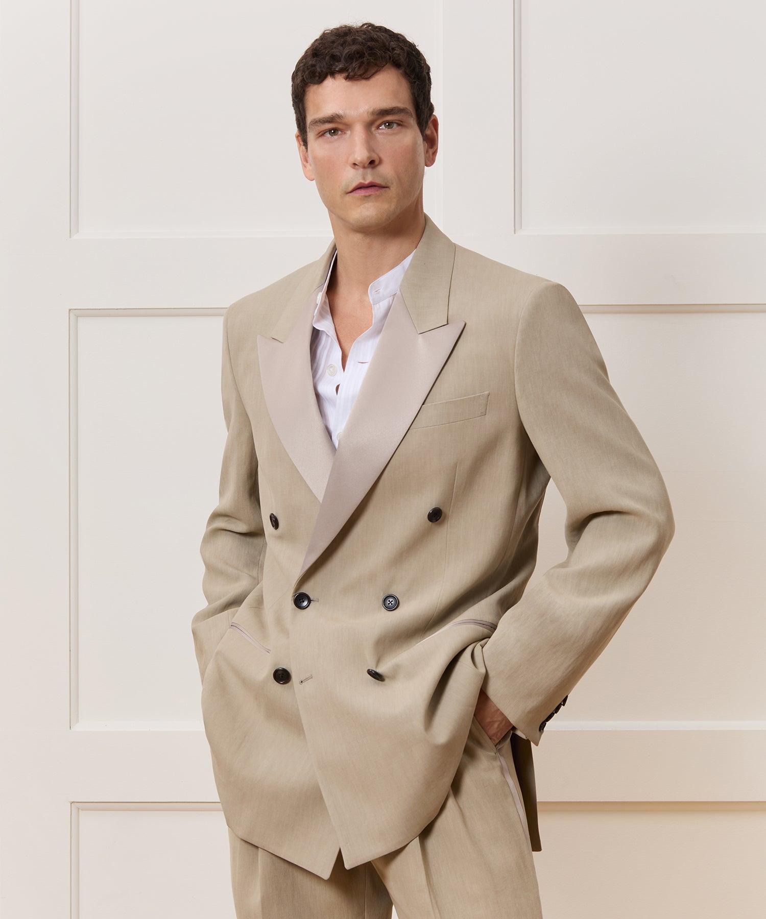 Italian Relaxed Sueded Linen Double-Breasted Tuxedo Jacket Product Image