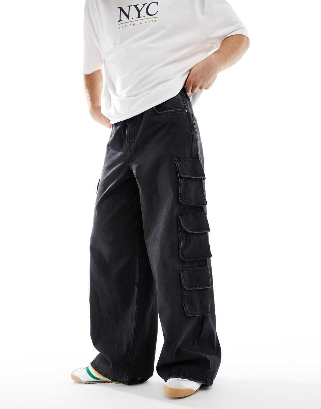 ASOS DESIGN super baggy jean in washed black with cargo pockets Product Image