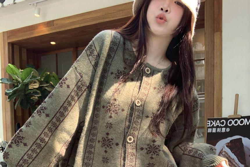 Round Neck Patterned Cardigan Product Image