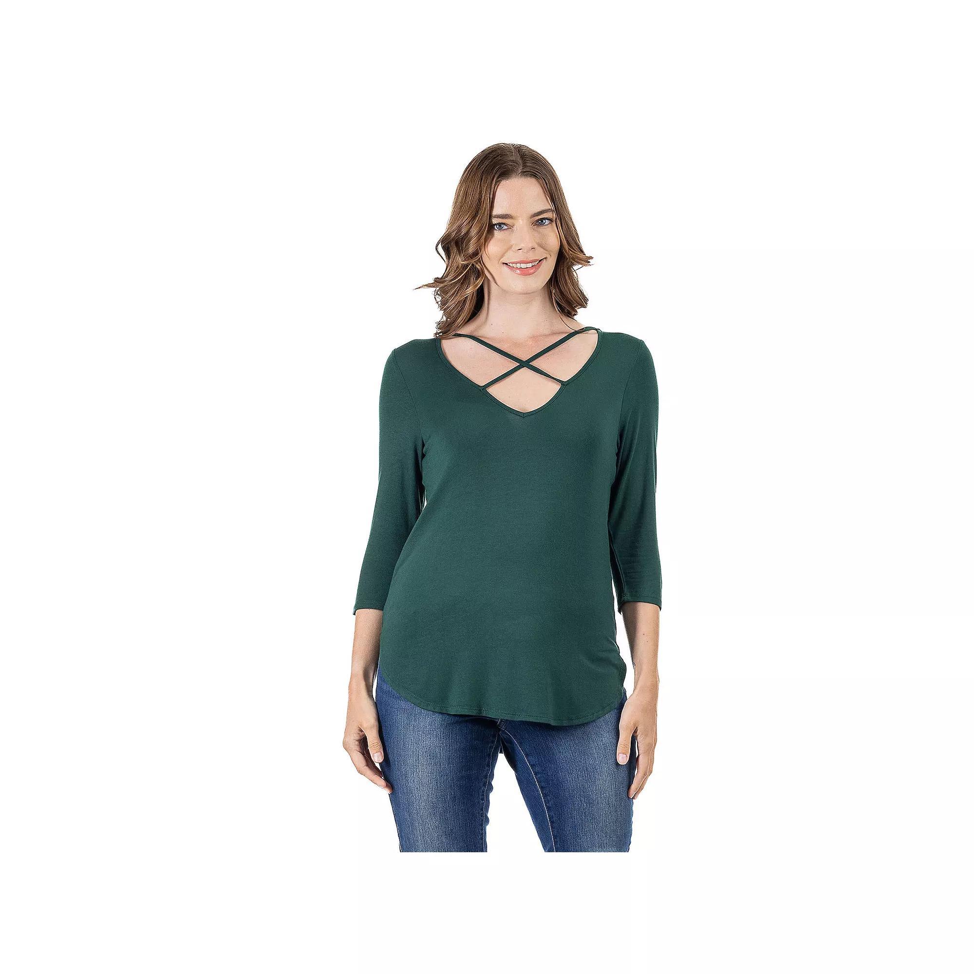 Women's 24Seven Comfort Apparel Criss Cross Round Hemline Tunic Top, Size: Medium, Black Product Image