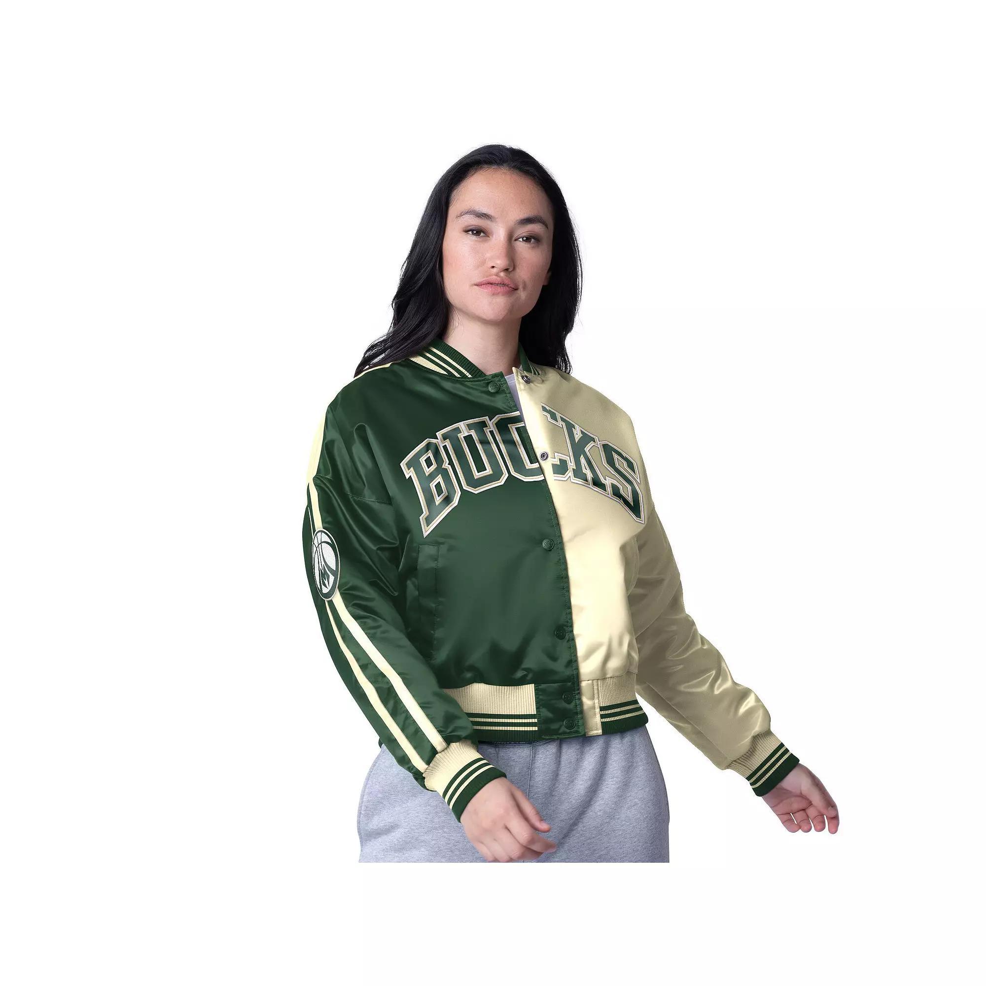 Women's Starter  Cream/Hunter Green Milwaukee Bucks Zone Blitz Cropped Full-Snap Satin Jacket, Size: Large, Beige Product Image