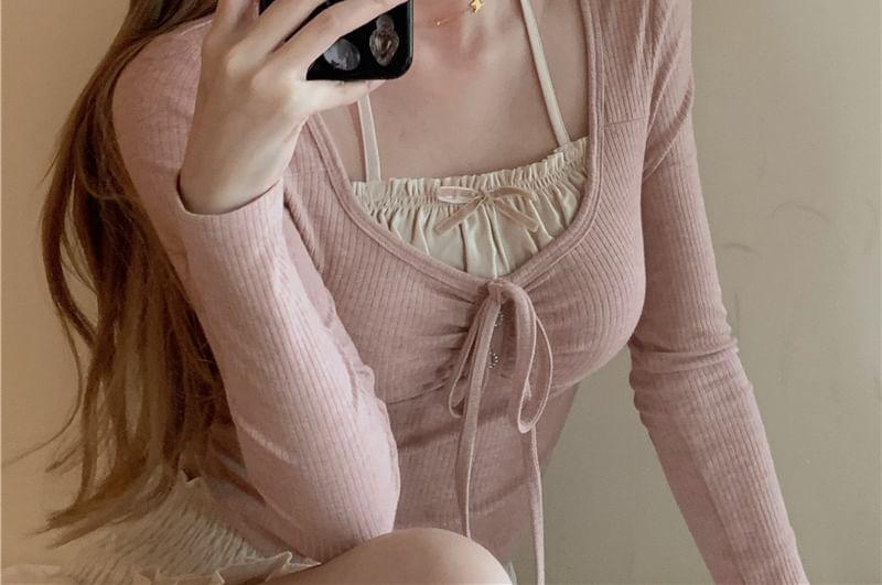 Balletcore Long-Sleeve Halter Bow Frill Mock Two Piece T-Shirt / High Waist Plain Tiered Mini A-Line Skirt Product Image