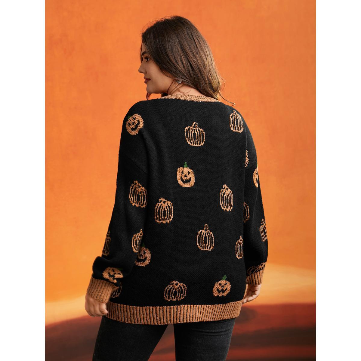 Plus Size Pumpkin Patch Contrasting Color Hemline Pullover Black Women Casual Loose Long Sleeve V-neck Everyday Pullovers BloomChic 18-20/2X Product Image