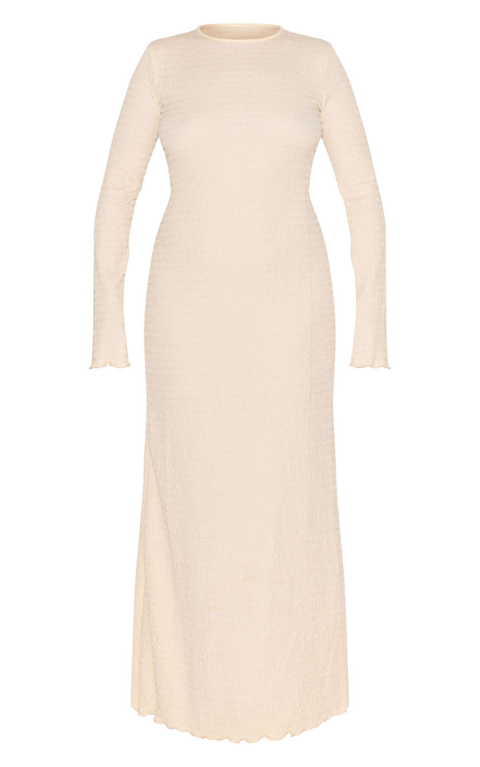 Plus Cream Crinkle Textured Lettuce Hem Long Sleeve Maxi Dress Product Image