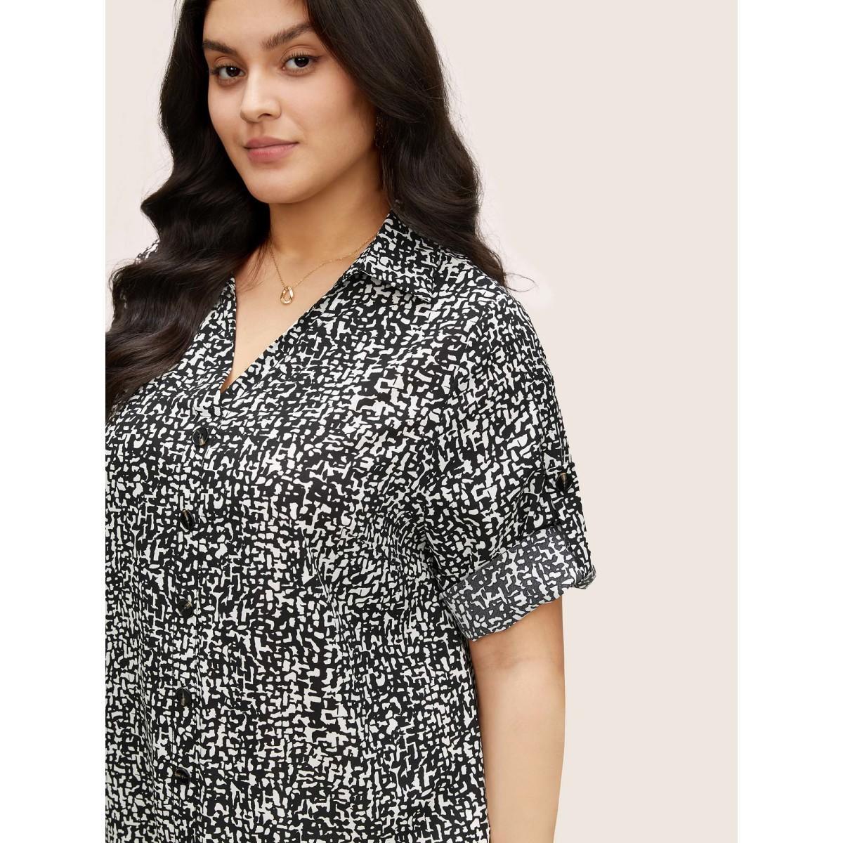 Plus Size Black Geometric Shirt Collar Button Through Tab Sleeve Blouse Women At the Office Elbow-length sleeve Shirt collar Work Blouses BloomChic 10/M Product Image