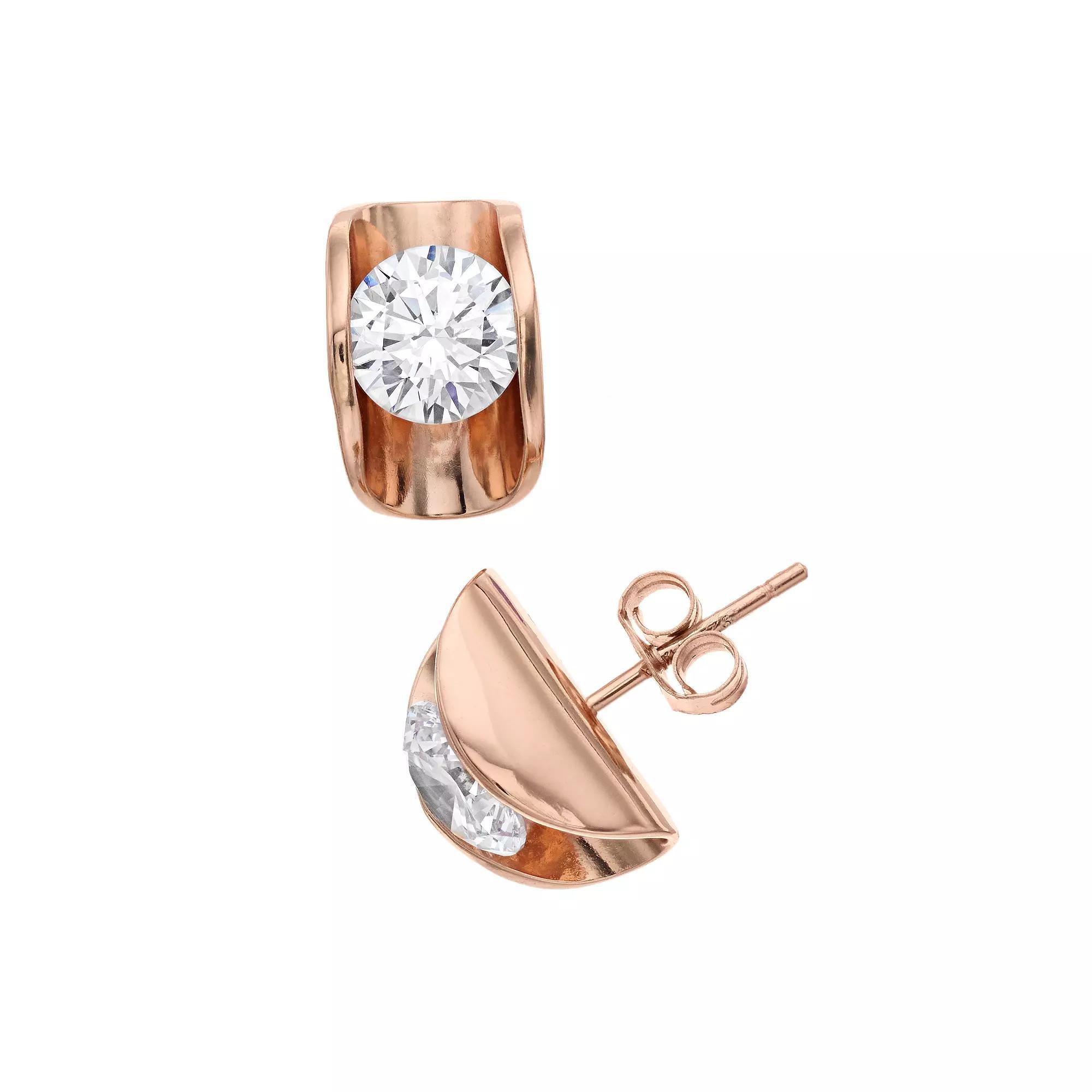 Sterling Silver Curved Frame Cubic Zirconia Stud Earrings, Womens, Pink Tone Product Image