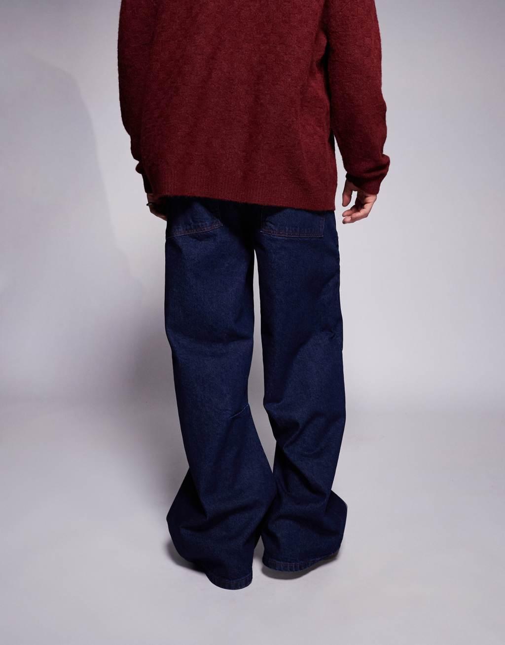 ASOS DESIGN super baggy jeans in dark wash blue with red contrast stitch Product Image