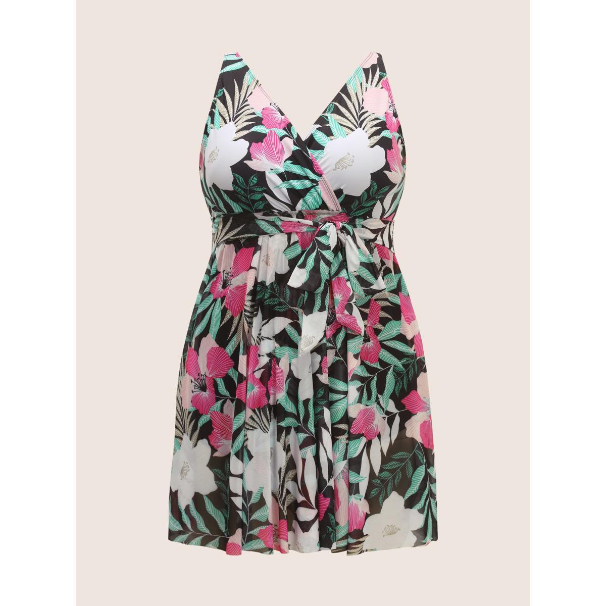 Plus Size Overlap Collar Floral Mesh Patchwork Swim Dress Women's Swimwear Black Beach Bodycon Overlap Collar High stretch Curve Swim Dresses BloomChic 12/L Product Image