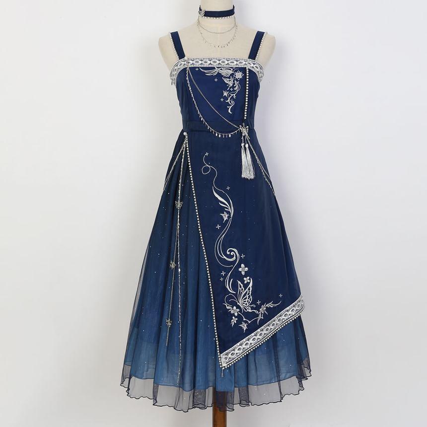 Spaghetti Strap Embroidered Hanfu Midi A-Line Dress / Light Cape / Set Product Image
