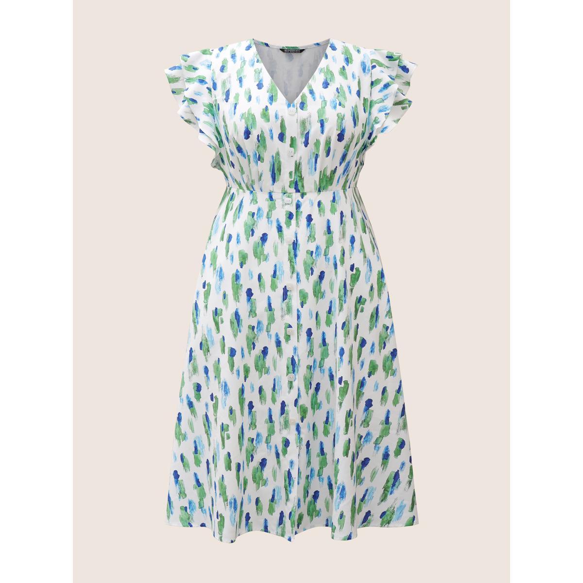 Plus Size Allover Print Tiered Ruffle Cap Sleeve Dress White Women At the Office Button V-neck Cap Sleeve Curvy BloomChic 26/4X Product Image