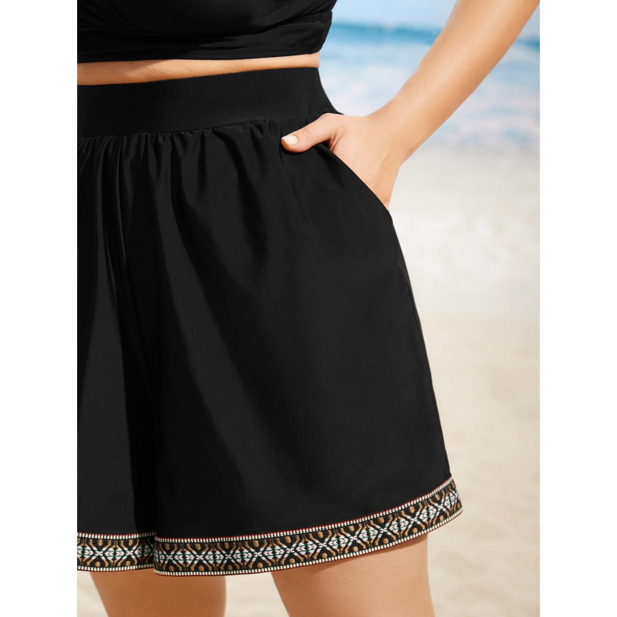 Plus Size Contrast Webbing Elastic Waist Pocket Swim Bottom Women's Swimwear Black Beach Woven ribbon&lace trim High stretch Bodycon High Rise Side seam pocket Curve Swim Bottoms BloomChic 28/5X Product Image