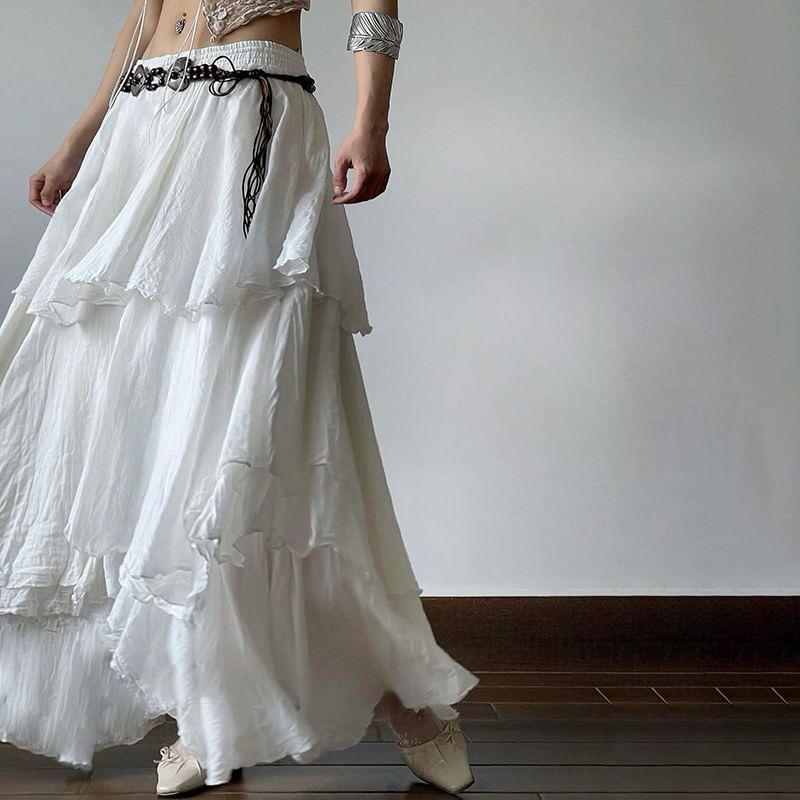 High Rise Plain Maxi Tiered A-Line Skirt Product Image