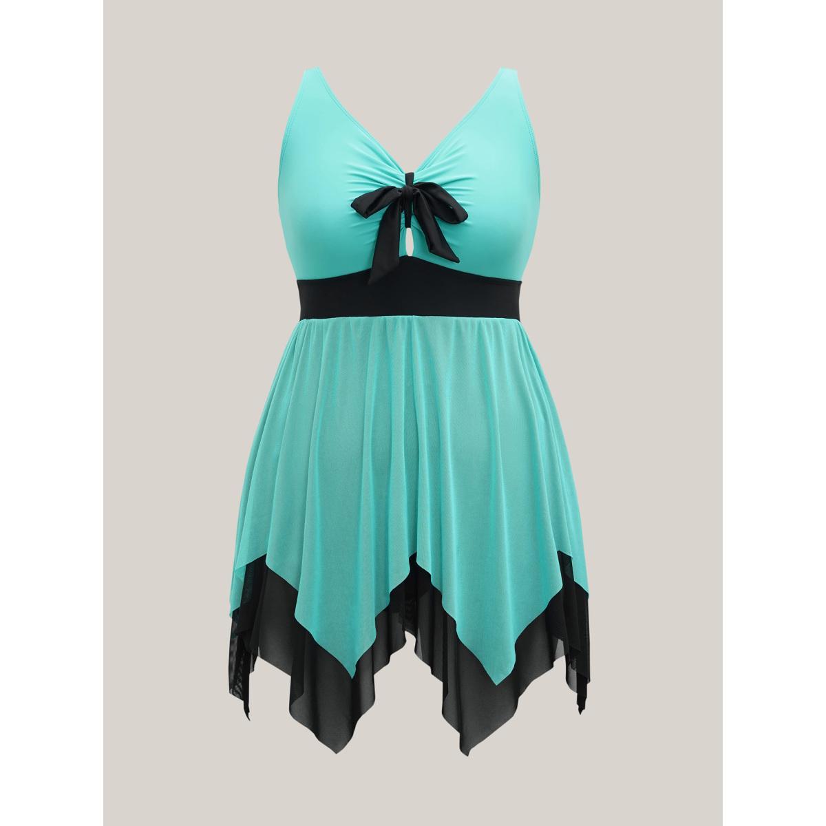 Plus Size Ruched Adjustable Bust Tie Swim Dress Women's Swimwear Turquoise Beach Bodycon U-neck High stretch Curve Swim Dresses BloomChic 12/L Product Image