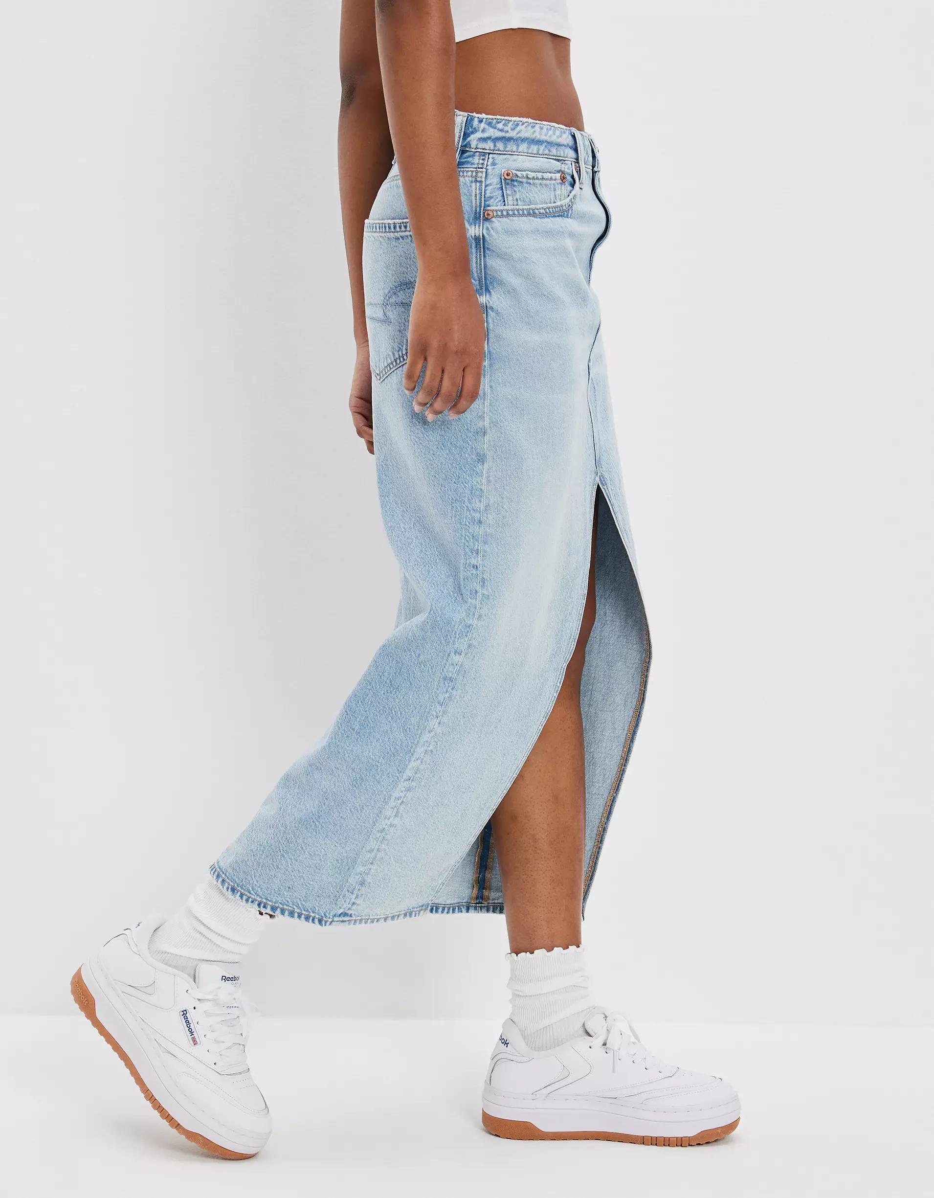 AE Dreamy Drape Low-Rise Denim Maxi Skirt Product Image