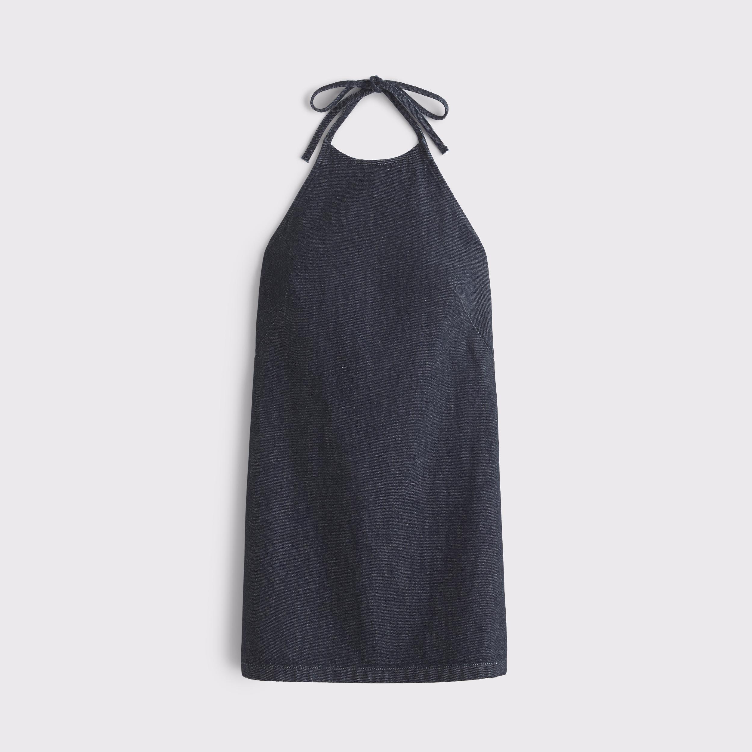 Open-Back Halter Denim Mini Dress Product Image