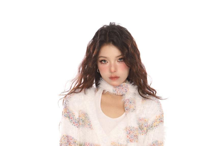 Set: V-Neck Striped Fluffy Sweater + Scarf Product Image