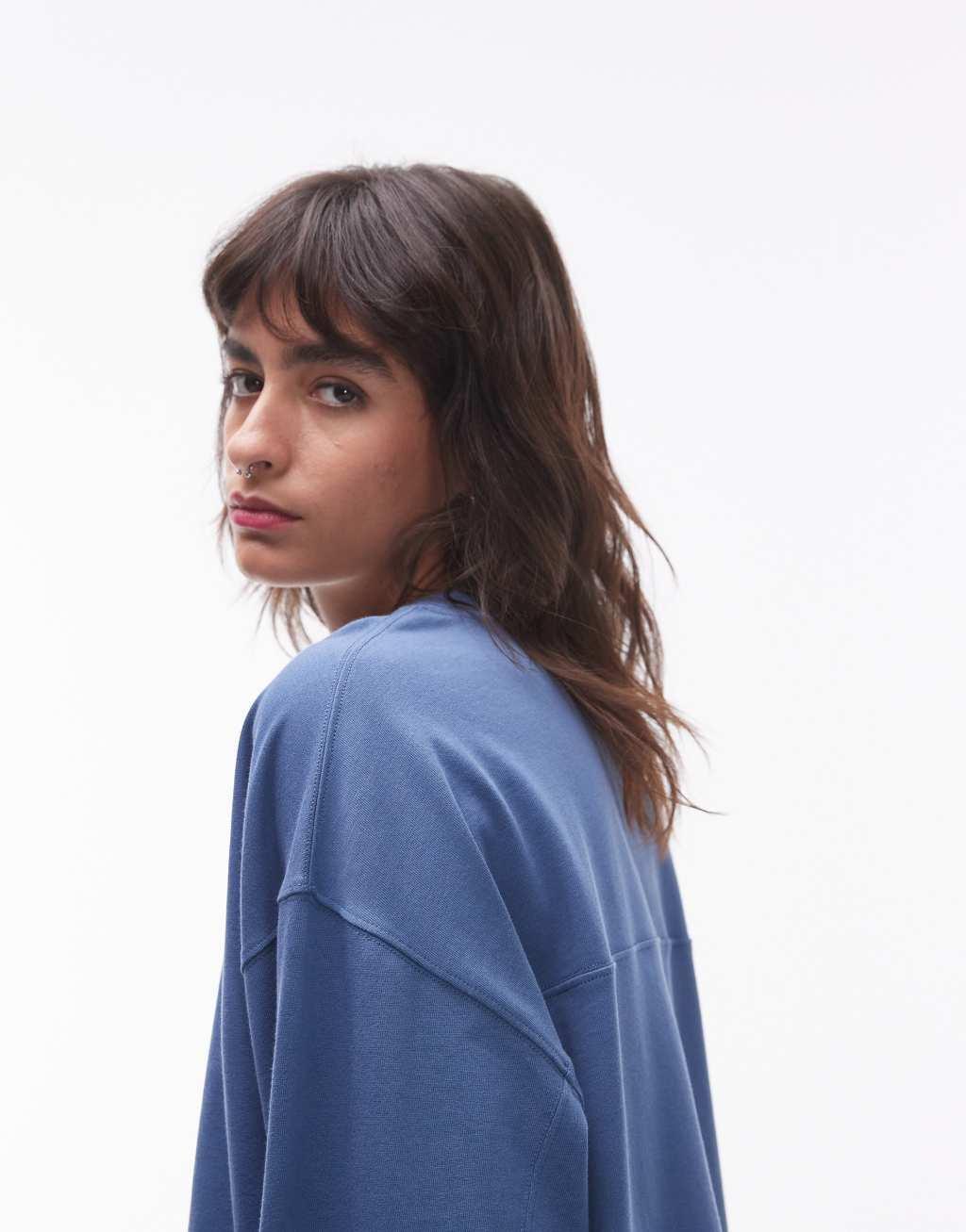 Topshop premium seam detail long sleeve skater tee in blue Product Image