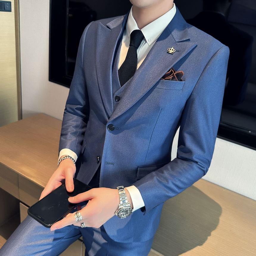Set: Notch Lapel Plain Single-Breasted Blazer + Vest + Mid Rise Tapered Dress Pants Product Image
