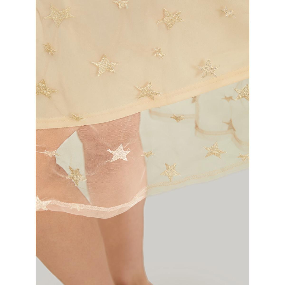 Plus Size Star Embroidered Mesh Ruffle Sleeve Frill Trim Dress Beige Women Glamour Lined V-neck Short sleeve Curvy Knee Dress BloomChic 26/4X Product Image