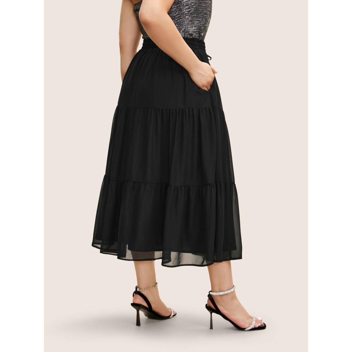 Plus Size Solid Tie Knot Elastic Waist Mesh Skirt Women Black Cocktail Tie knot No stretch Party Skirts BloomChic 12/L Product Image