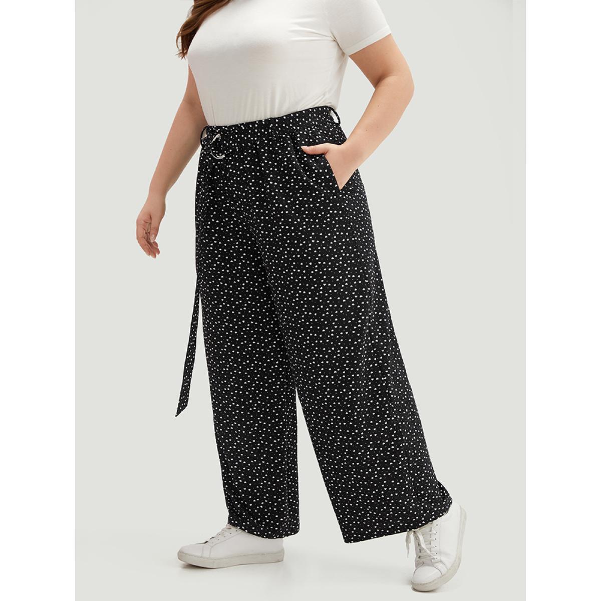 Plus Size Polka Dot Belted Metal Detail Pants Women Black Casual Wide Leg High Rise Dailywear Pants BloomChic 12/L Product Image