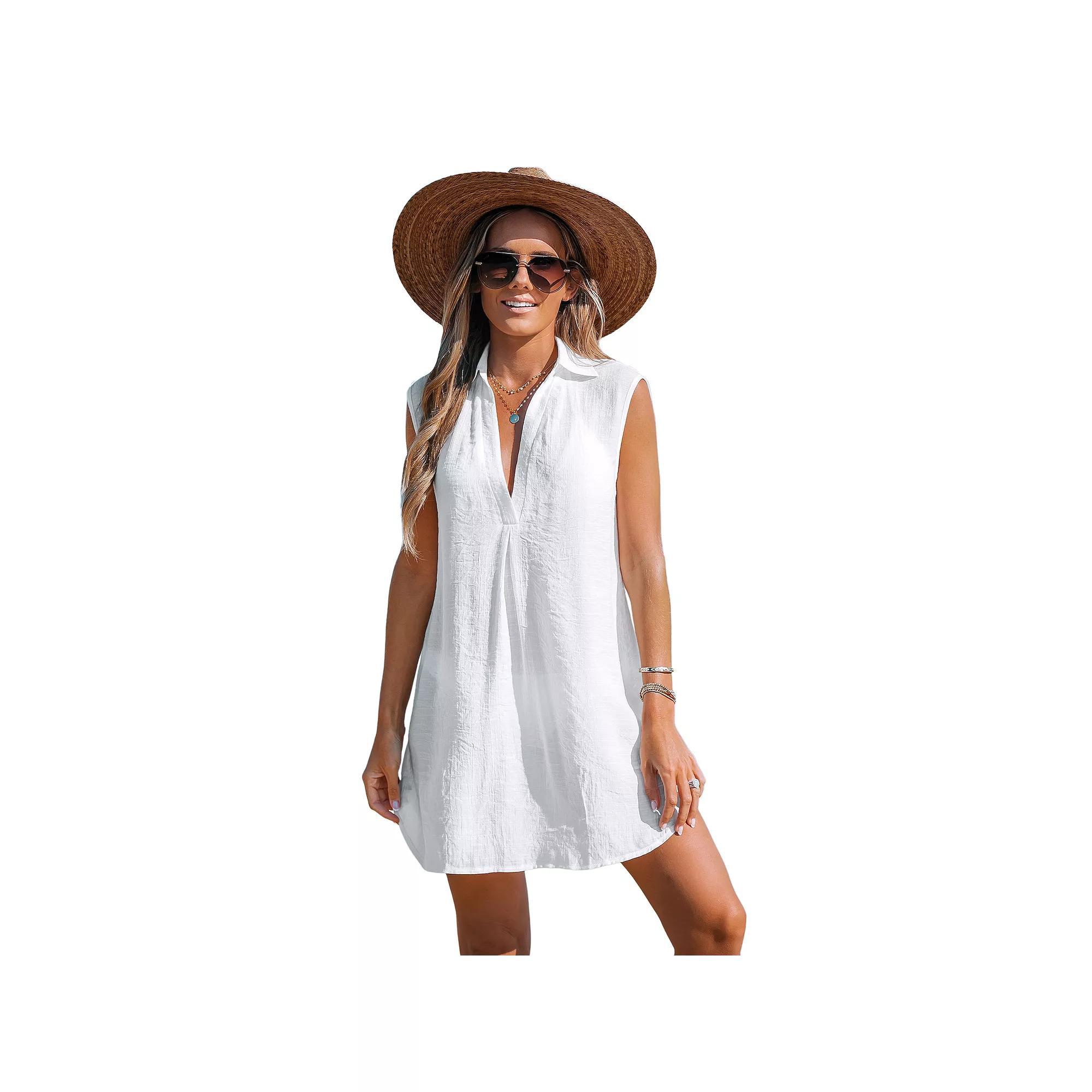 Women's Cupshe V-Neck Basic Collar Cover-Up Dress, Size: XL, White Product Image