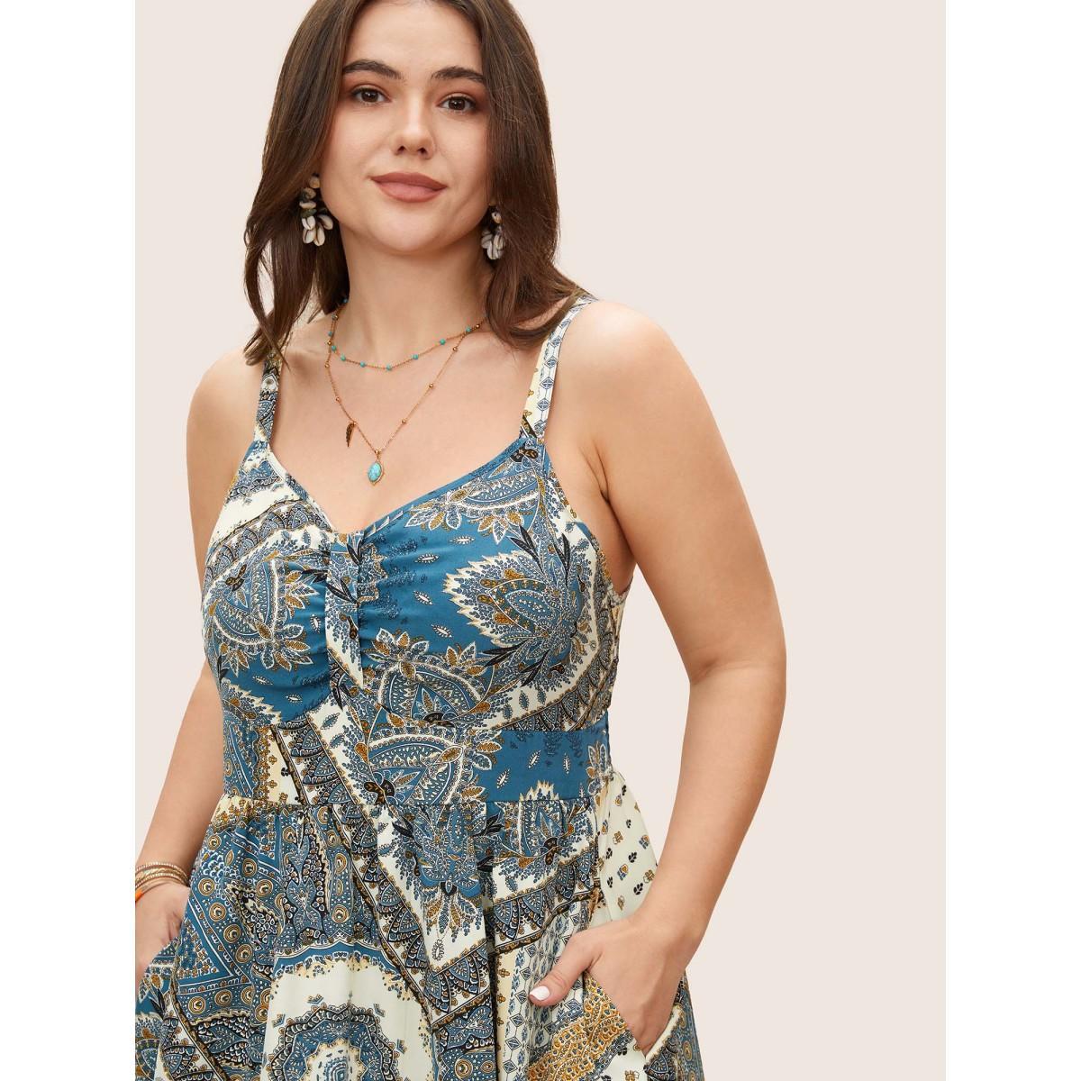Plus Size Bandana Print Ruched Split Hem Cami Dress Cerulean Women Resort V-neck Sleeveless Curvy BloomChic 28/5X Product Image
