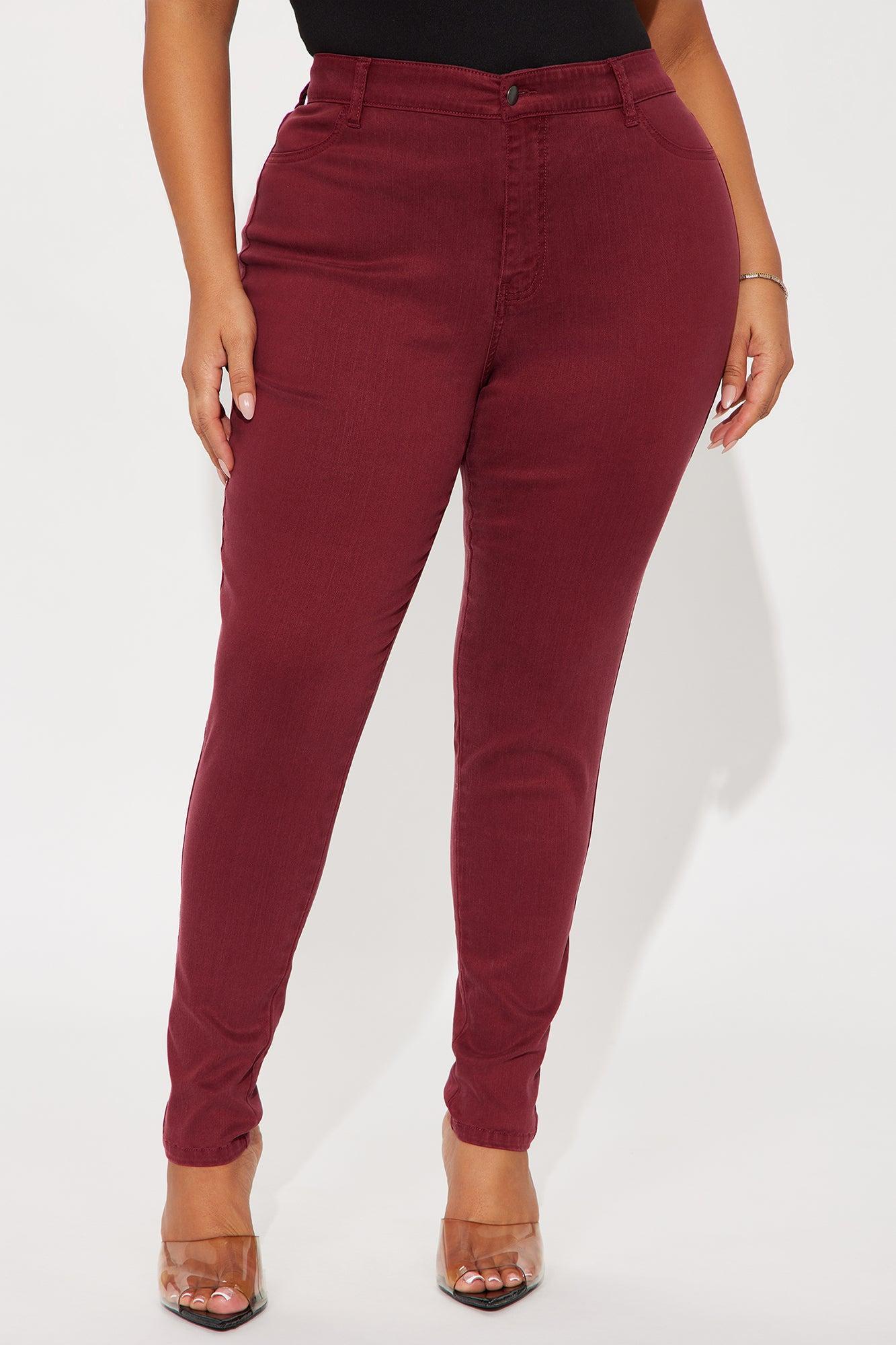 Classic Mid Waist Soft Stretch Skinny Jeans - Burgundy Product Image