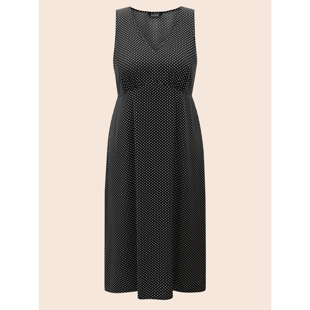Plus Size V Neck Polka Dot Midi Dress Black Women Elegant Gathered V-neck Sleeveless Curvy BloomChic 14-16/1X Product Image