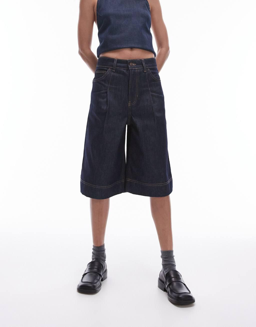 Topshop denim pleated jorts in raw indigo Product Image