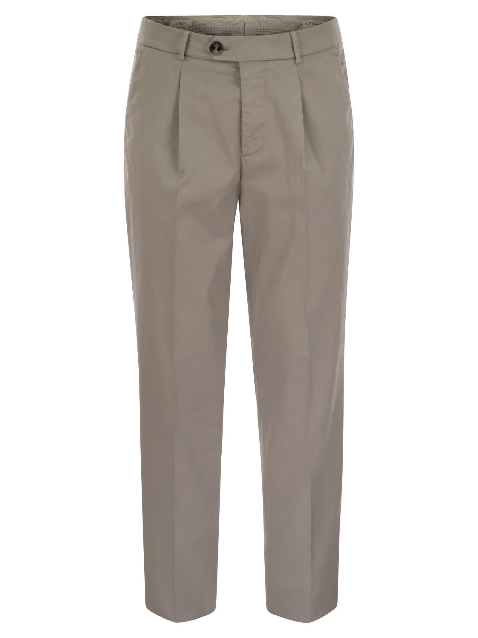BRUNELLO CUCINELLI Garment-dyed Leisure Fit Trousers In American Pima Comfort Cotton With Pleats In Khaki Product Image