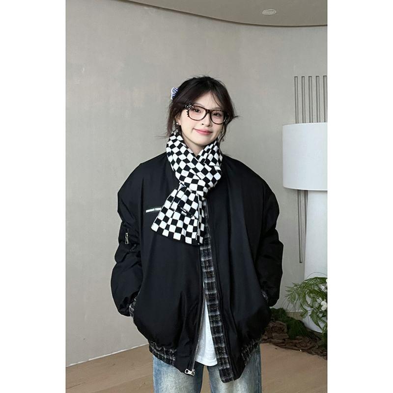 Plaid Panel Zip-Up Bomber Jacket Product Image