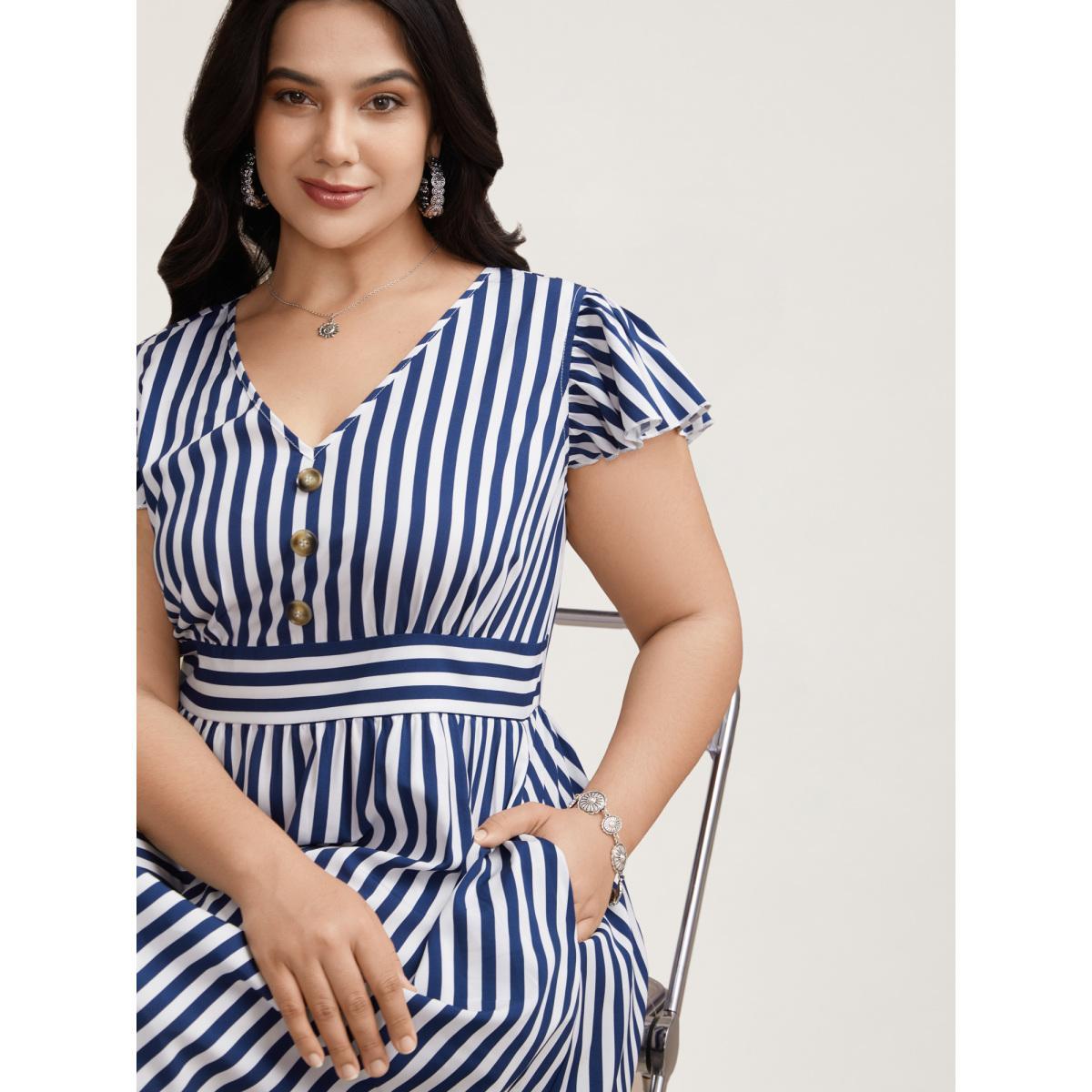 Plus Size Nautical Stripes Stretchy Waist Tiered Midi Dress Navy Women Resort Button V-neck Cap Sleeve Curvy BloomChic 10/M Product Image