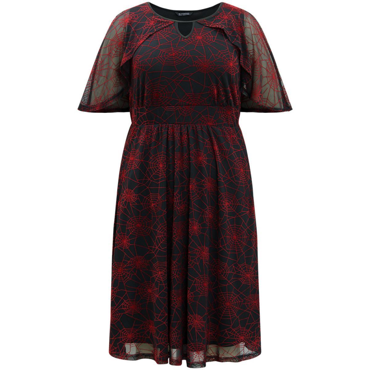 Plus Size Halloween Spider Web Pattern Keyhole Dress Black Women Party Gathered Notched collar Half Sleeve Curvy Midi Dress BloomChic 30/6X Product Image