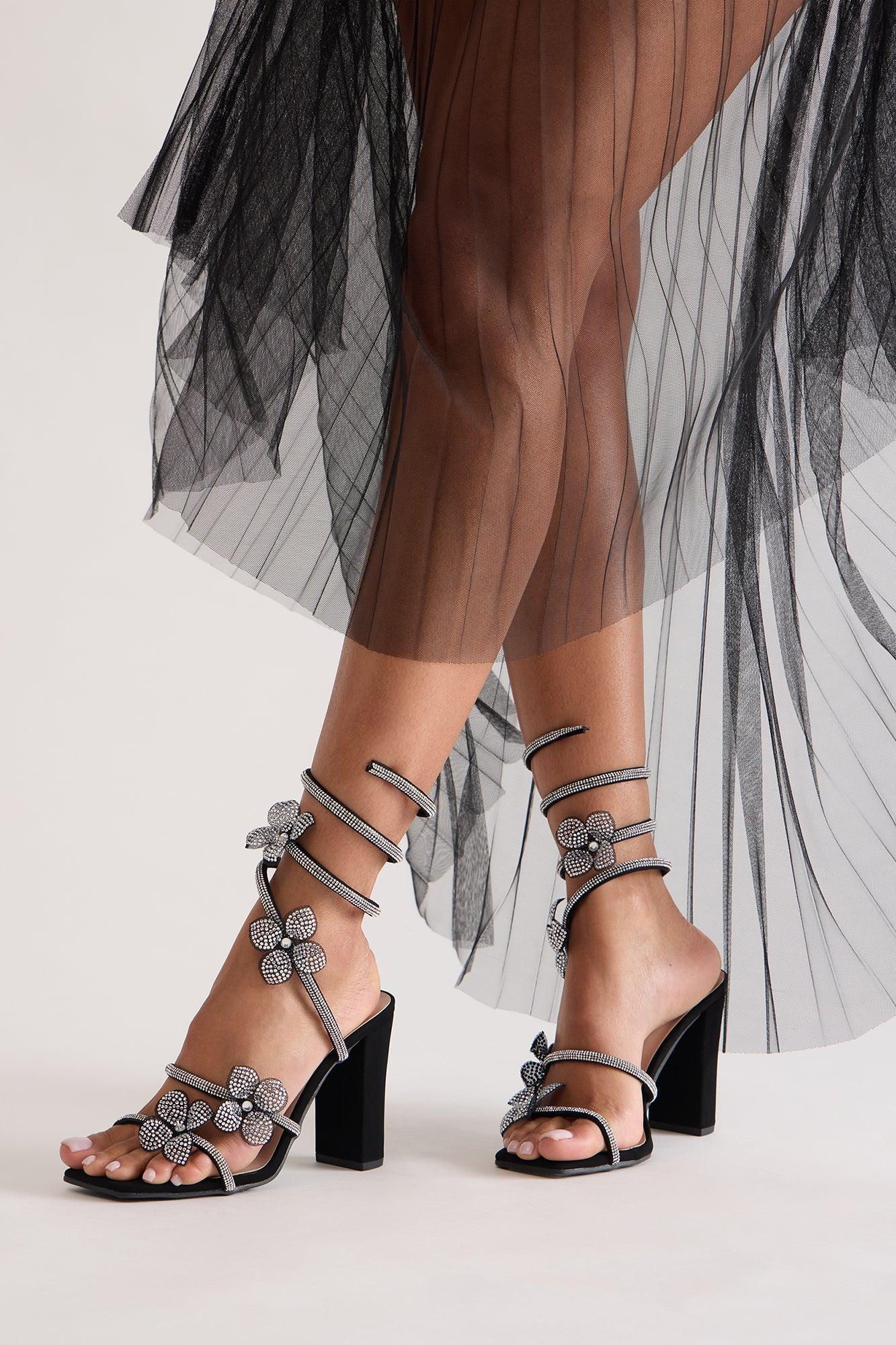 Celestial Rhinestone Flower Wrap Up Heels - Black Product Image