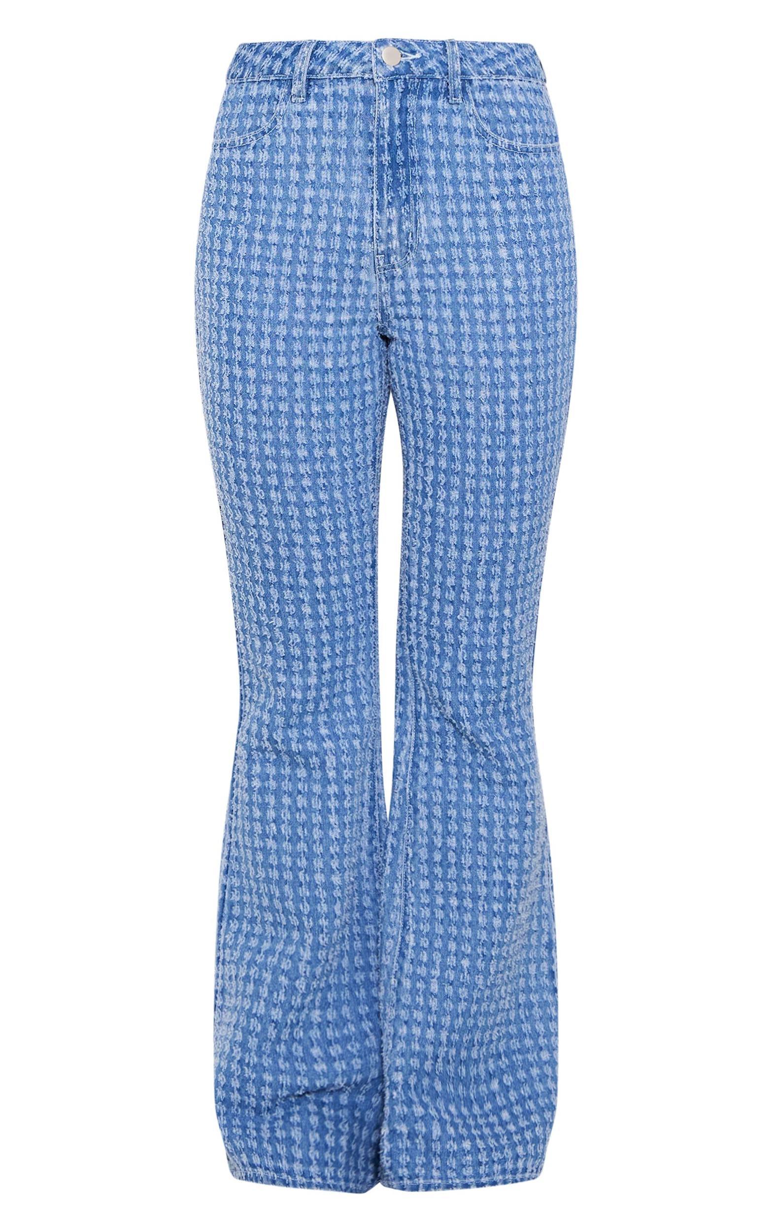Light Blue Distressed Stripe Denim Flare Jeans Product Image