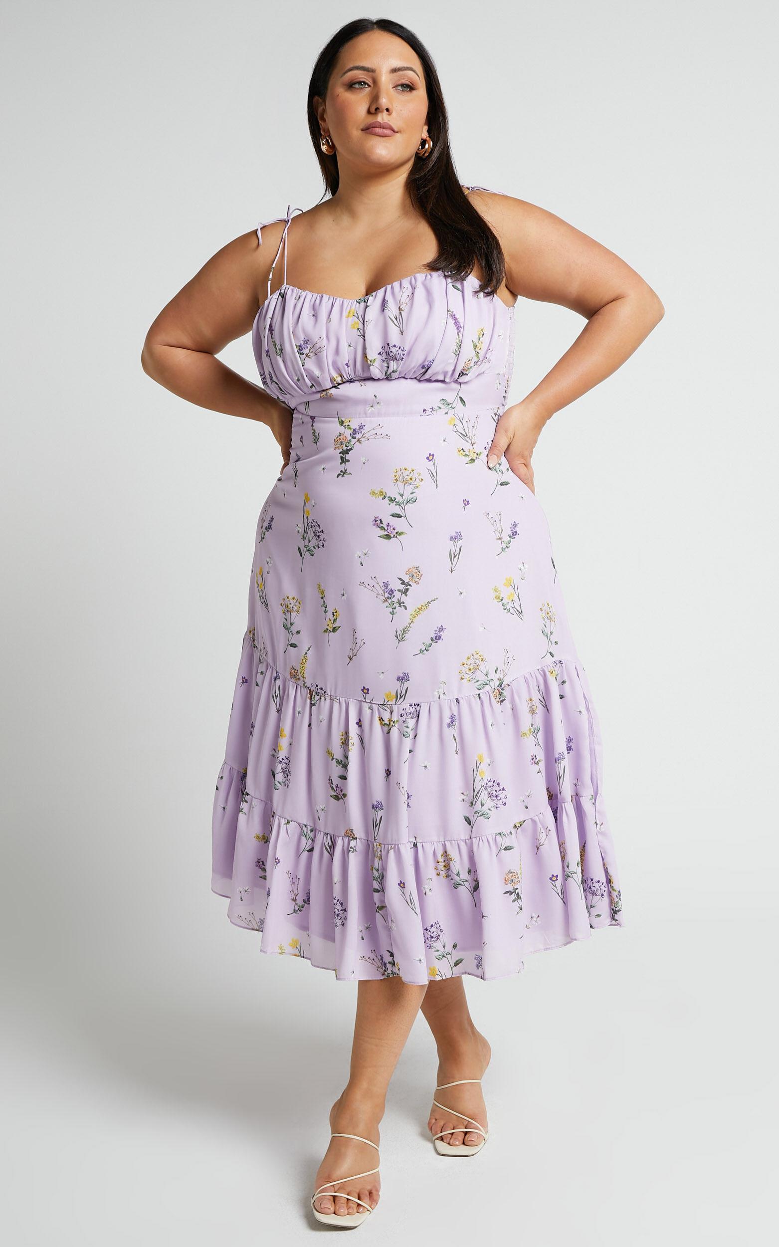 Monaco Midi Dress - Strappy Sweetheart Tiered Dress in Lavender Botanical Floral Product Image
