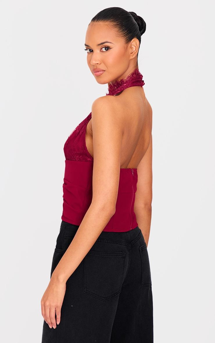 Burgundy Lace Detail Chiffon Printed Plunge Long Top Product Image