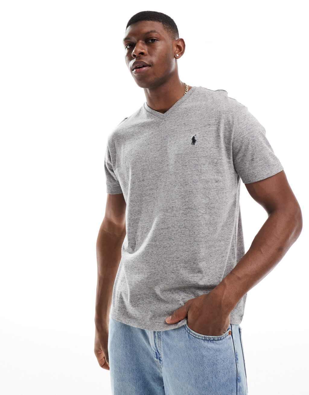 Polo Ralph Lauren icon logo V-neck T-shirt in gray heather Product Image