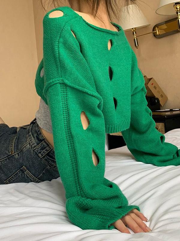 Solid Color Cutout Crop Long Sleeve Knit Product Image