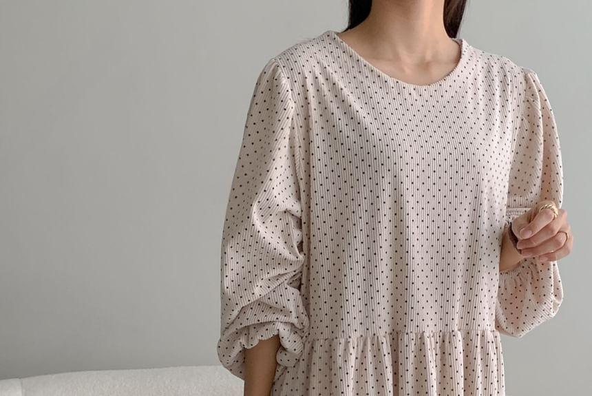 Long-Sleeve Dotted Corduroy Loose-Fit Midi Dress Product Image