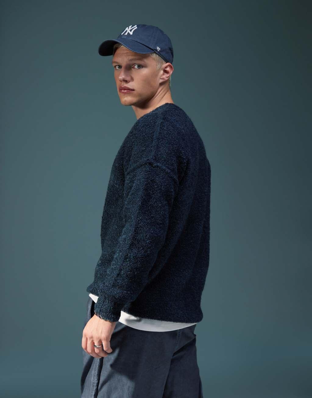 ASOS DESIGN relaxed knit textured sweater in navy Product Image