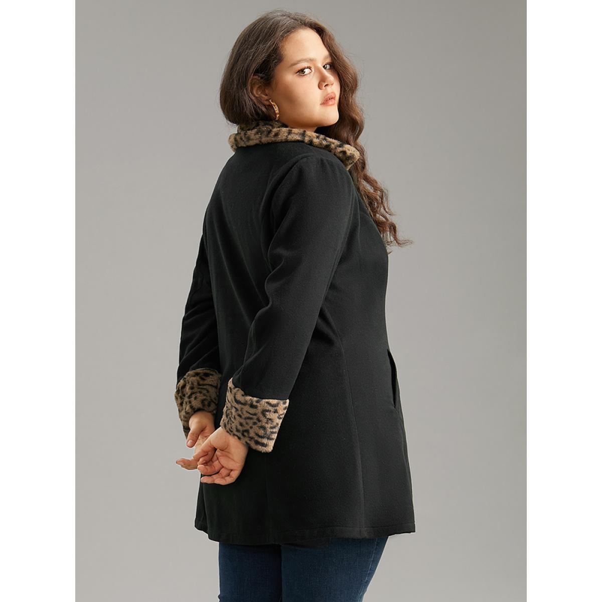 Plus Size Leopard Patchwork Fuzzy Trim Zipper Coat Women Black Casual Contrast Ladies Dailywear Winter Coats BloomChic 10/M Product Image