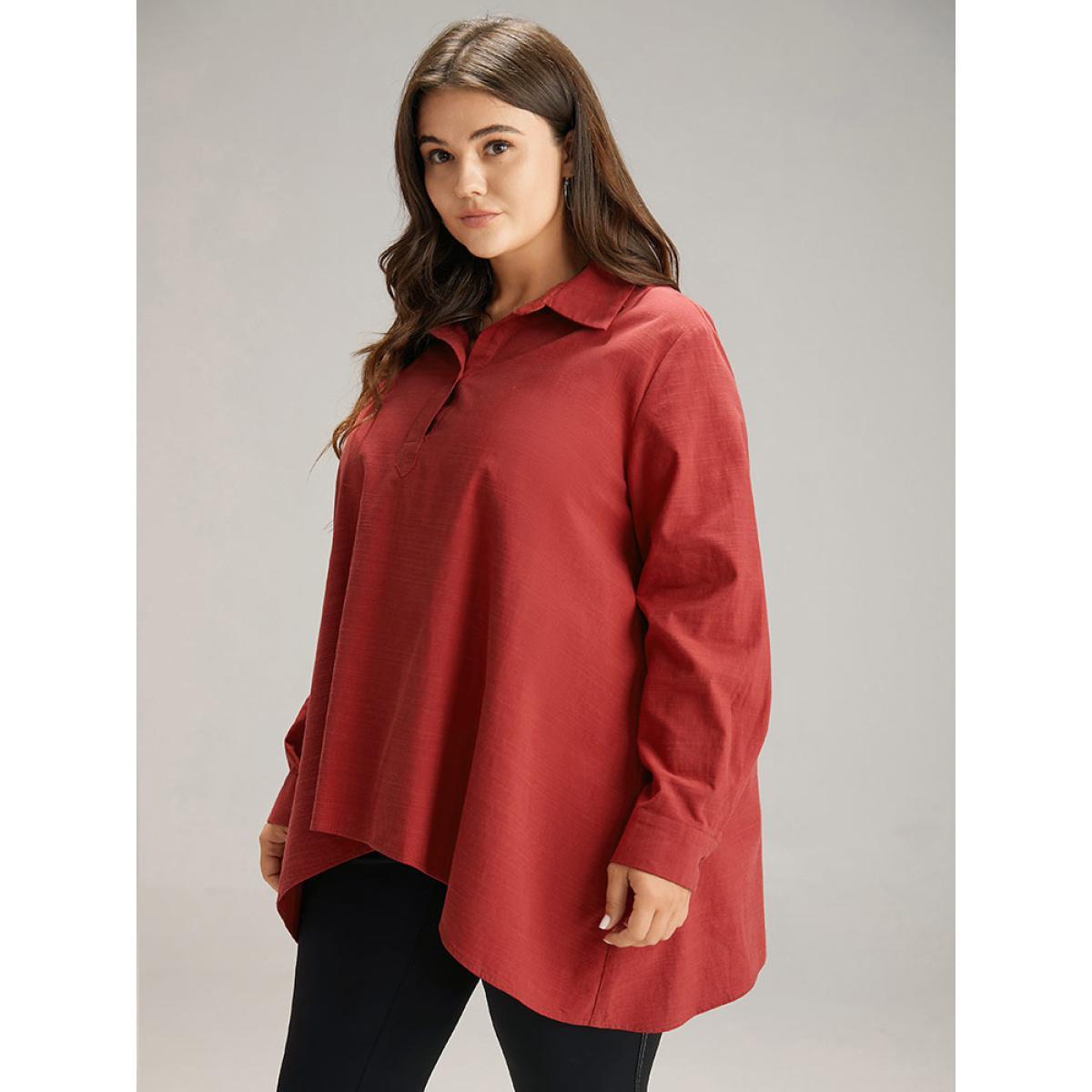 Plus Size Scarlet Cotton Curved Hem Button Down Blouse Women Office Long Sleeve Shirt collar Work Blouses BloomChic 18-20/2X Product Image