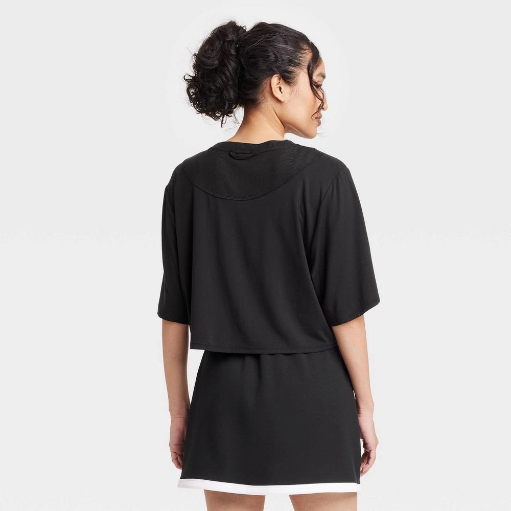 Womens Boxy Cropped Short Sleeve Top - JoyLab Black M: Midweight Jersey Pullover, Banded Collar Product Image
