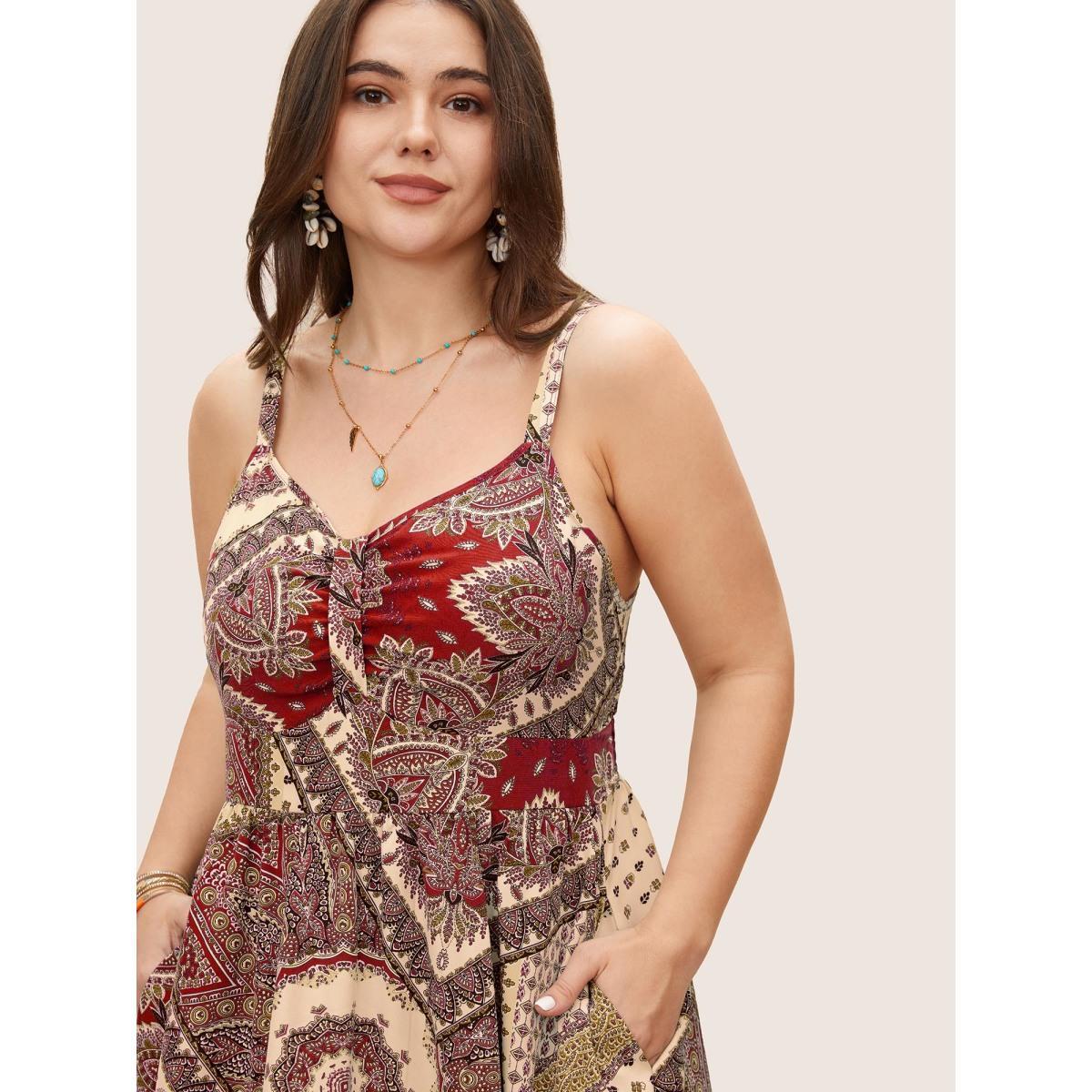 Plus Size Bandana Print Ruched Split Hem Cami Dress Crimson Women Resort V-neck Sleeveless Curvy BloomChic 18-20/2X Product Image