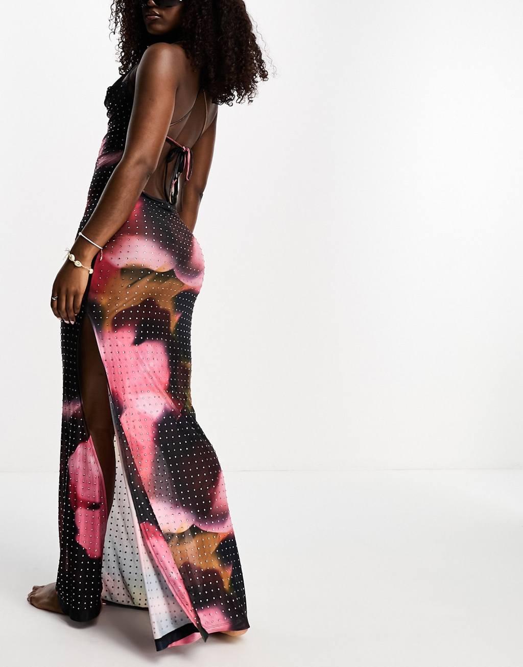 Miss Selfridge beach blurred tie dye mesh embellished maxi dress-Multi Product Image