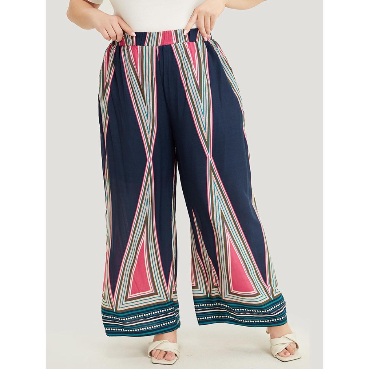 Plus Size Geometric Print Pocket Wide Leg Pants Women Indigo Vacation Loose High Rise Dailywear Pants BloomChic 12/L Product Image