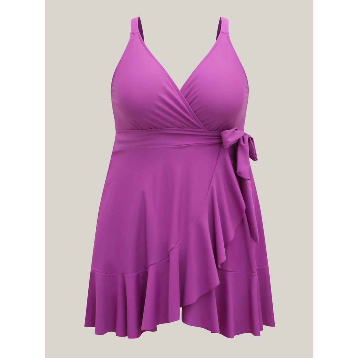 Plus Size Flared Hem Waist-Tie Surplice Swim Dress Women's Swimwear Deeppurplered Beach Bodycon Overlap Collar High stretch Curve Swim Dresses BloomChic 30/6X Product Image